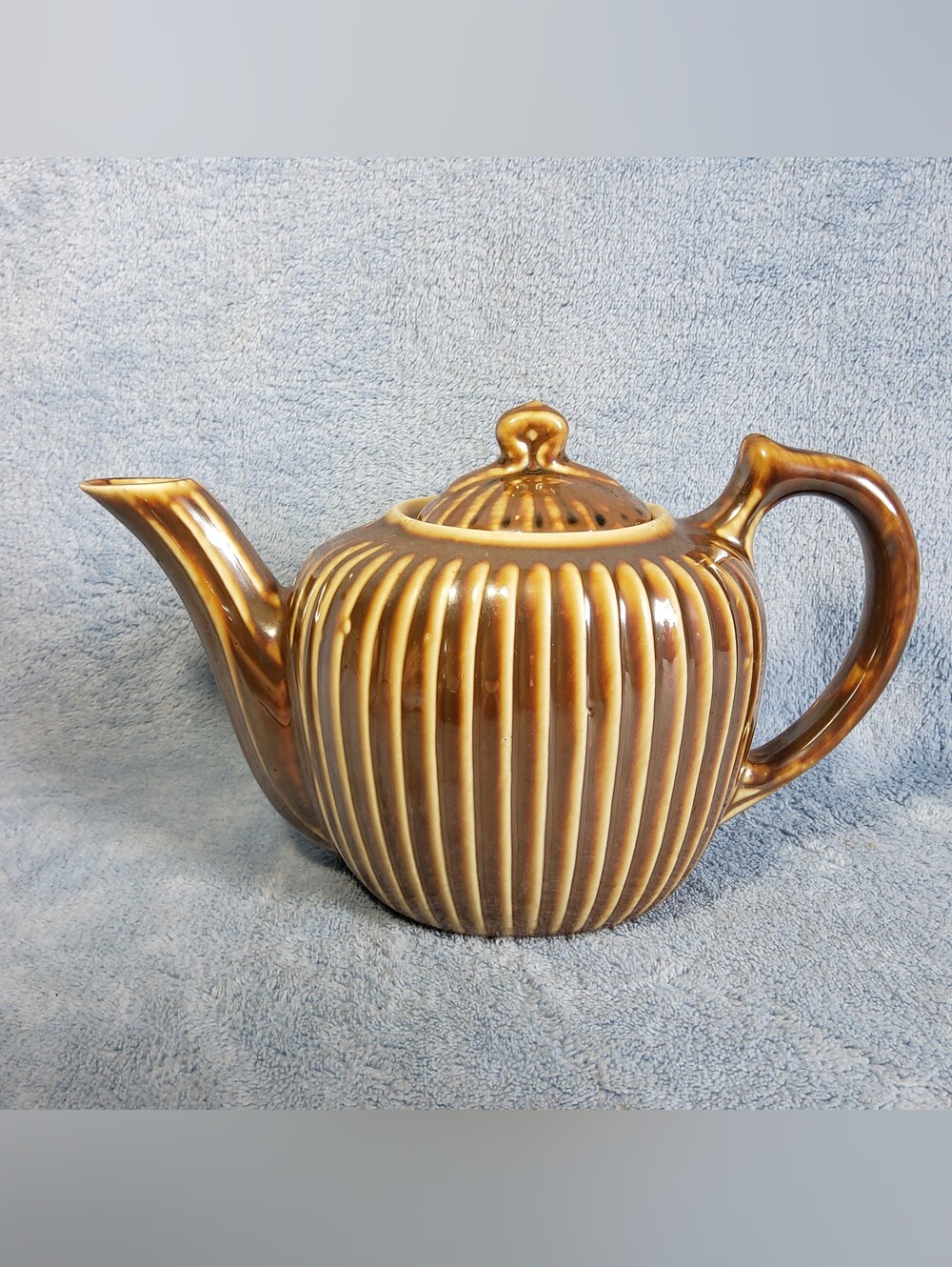 Antique Fraunfelter China Teapot Caramel Brown Ribbed Pottery Ohio USA w/ Lid